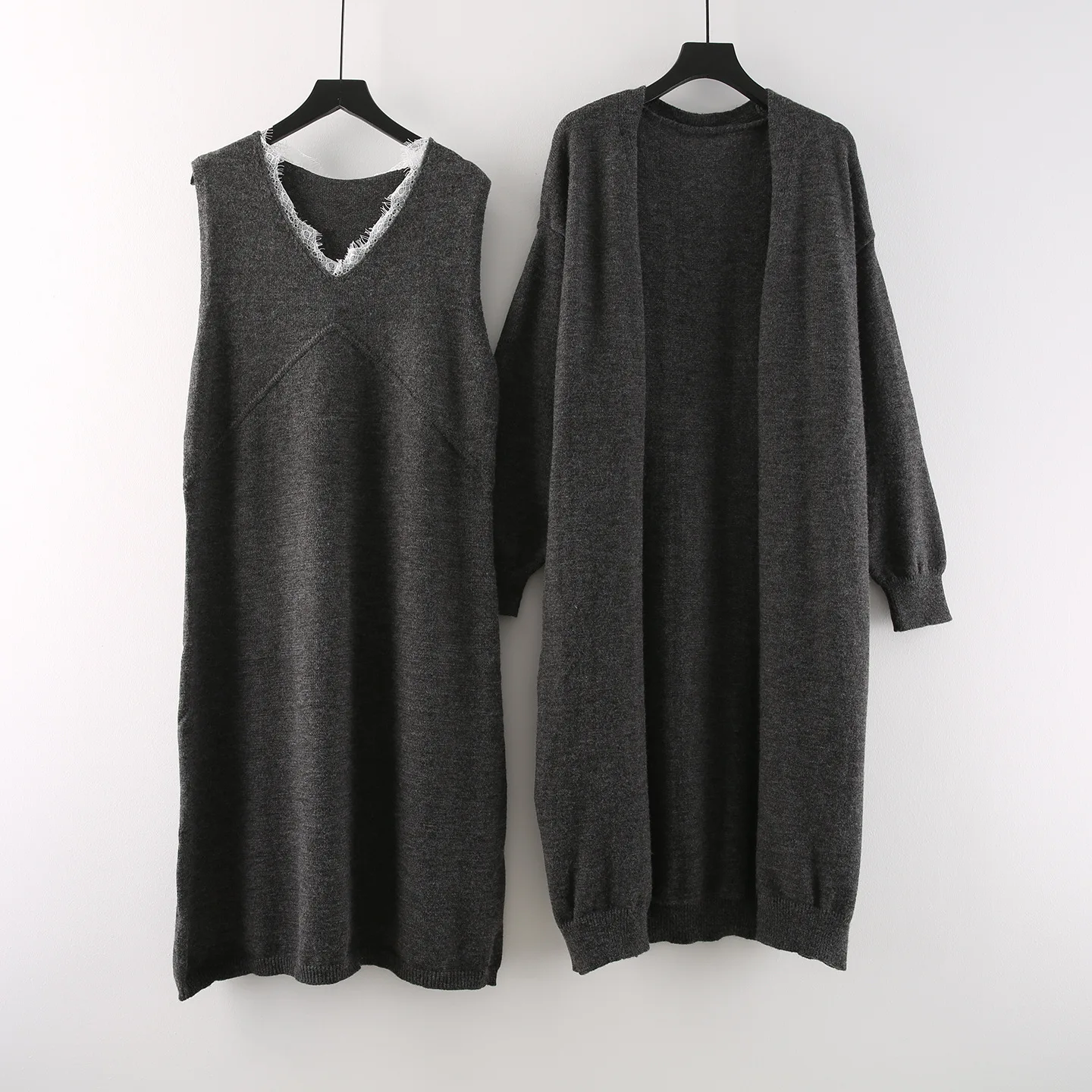 ZAMOR Plus Size Long Knit Cardigan and V-Neck Camisole Dress Set Women's Elegant Two-Piece Suit Winter