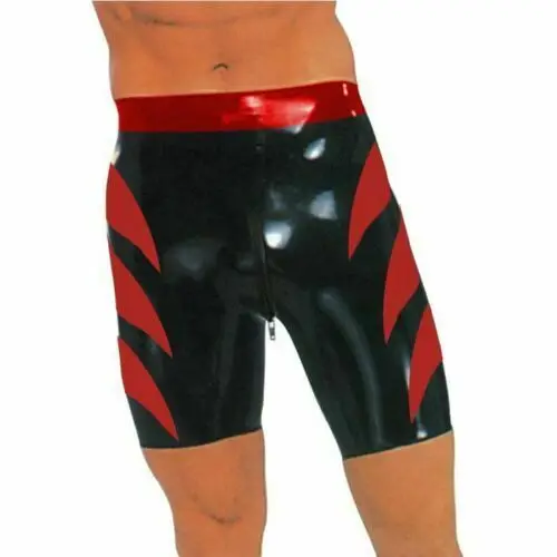 

Latex Shorts Men Red Waist and Black Tight Boxer With Zipper Size S-XXL