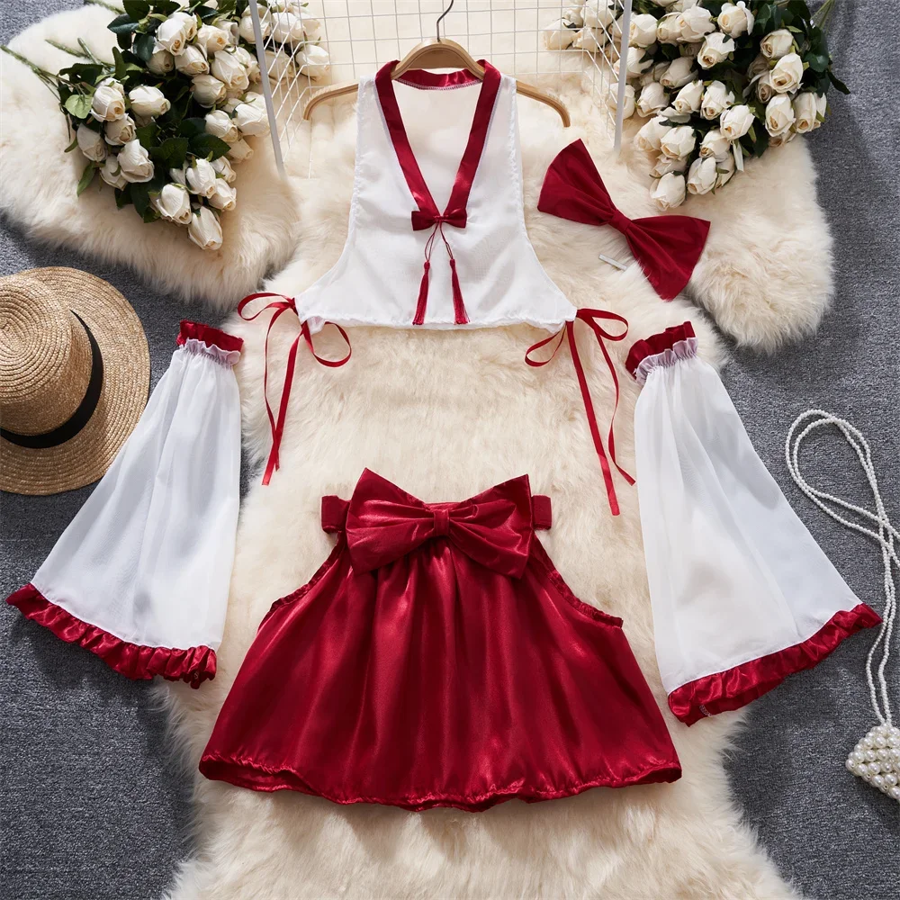 

V-Neck Contrast Lace Up Sheer Ruffle Petal Sleeve Crop Top With Sweet Bow Red Mini Skirt Set Sexy Women's Sleepwear Japan Pajama