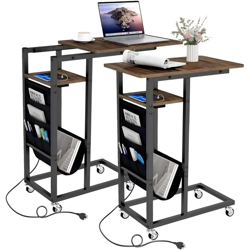 2-Piece C-Shaped End Table Set with Charging Station, 27 High, Under Couch Side Table, USB & Outlet Ports, Storage Bag, Suitable