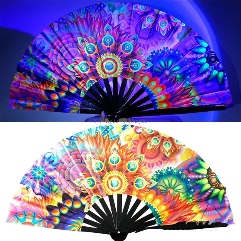 1PC 33cm Fluorescence Fan Folding Craft Fan With Energetic Neon Pattern For Men Women Night Show Halloween Christmas Festival