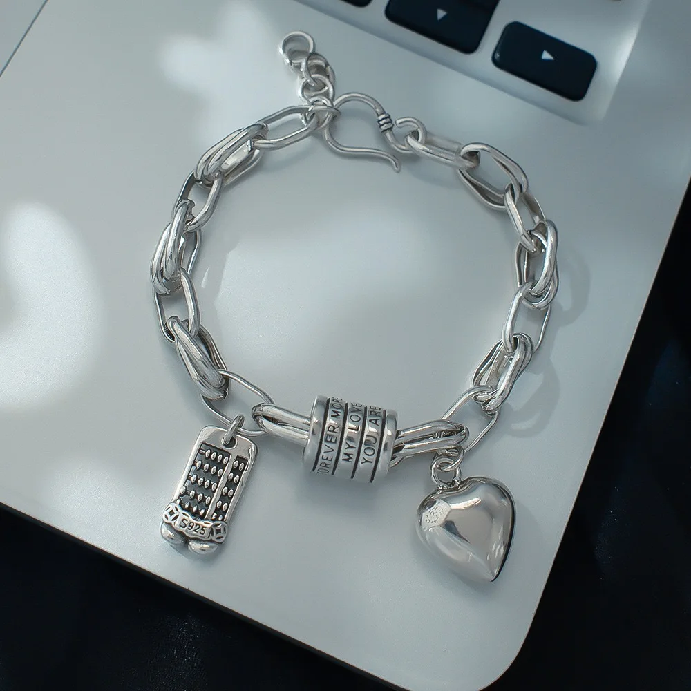 925 Sterling Silver Bracelets for Women Men String Accessories Trend Vintage Heart Pendant Party Jewelry Gift