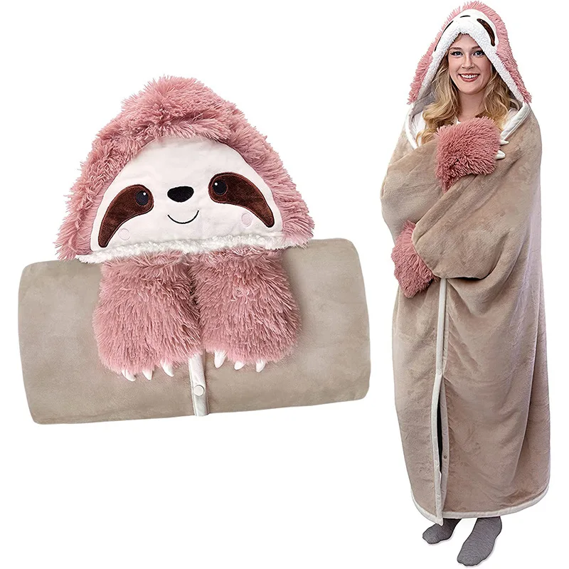 Cartoon Sloth Hooded Blanket with Gloves, Sherpa Sweater, Soft and Comfortable, Plush TV Blanket, Home Pajamas, Cute, Winter