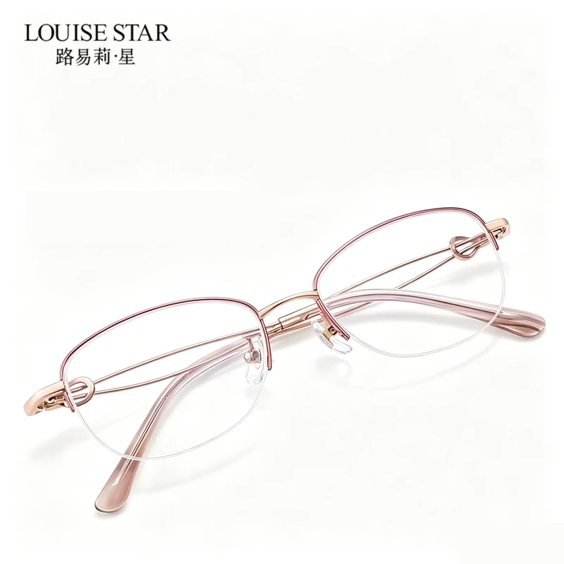 Elegant ladies' half frame oval rose gold pure titanium eyeglass frame, ultra light optical prescription glasses, fashionable