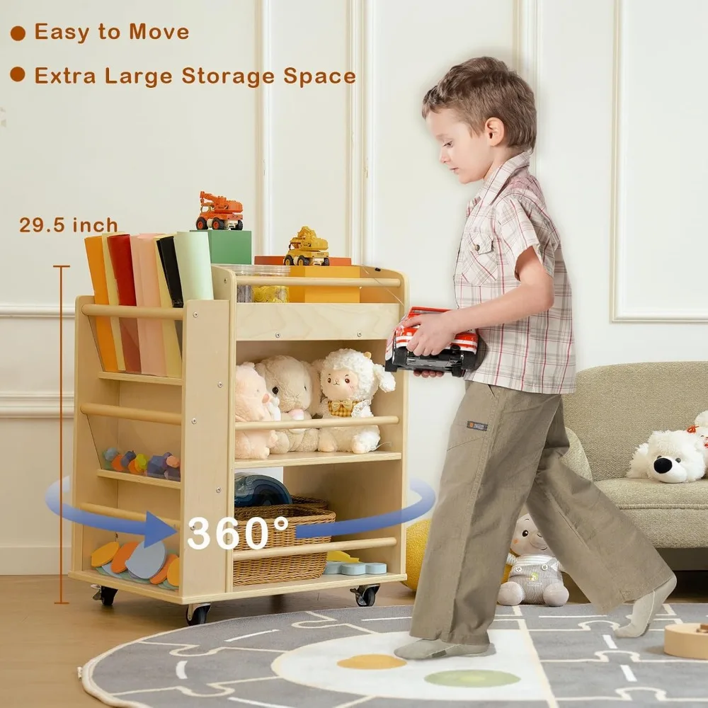 عربة فنية متنقلة متعددة الطبقات للأطفال - مساحة تخزين مصنوعة من خشب البتولا بعجلات