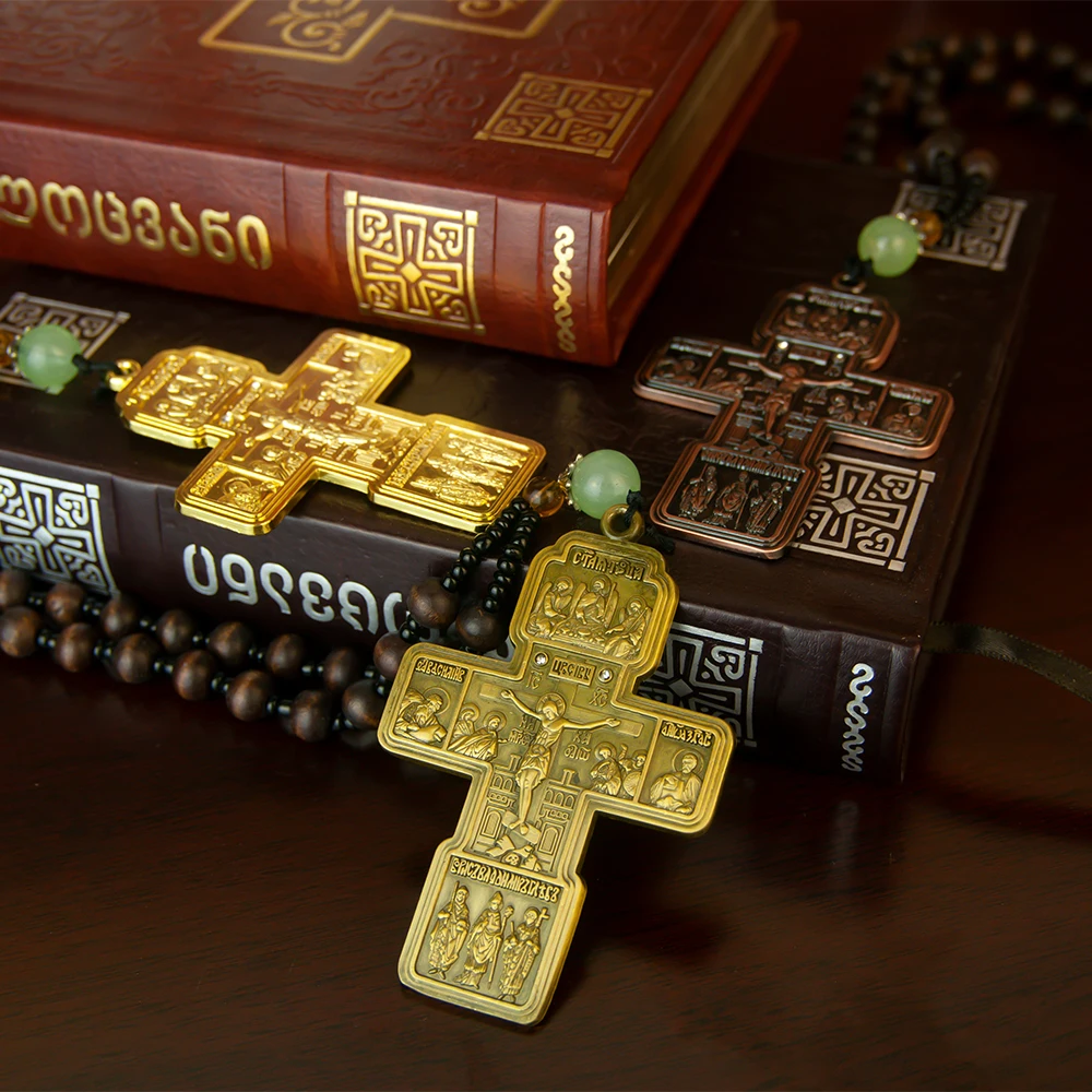 Orthodox Necklace With Wooden bead chain Crucifix Gold  Wooden Rosary Beaded Chain Religious Jesus Prayer Jewelry