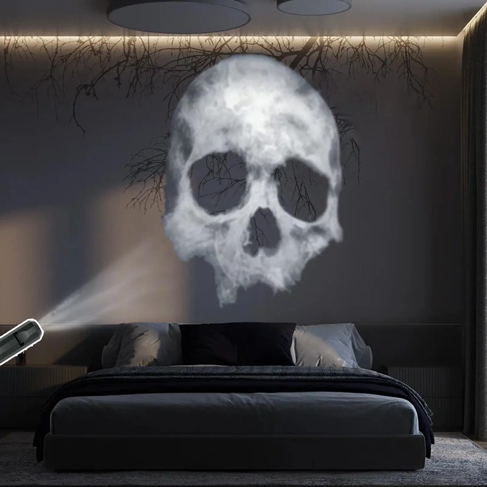 Lámpara magnética para proyector de calavera de Halloween, 3 modos, mueca con huella a mano aterradora, luz LED nocturna en forma de calavera, proyector giratorio USB