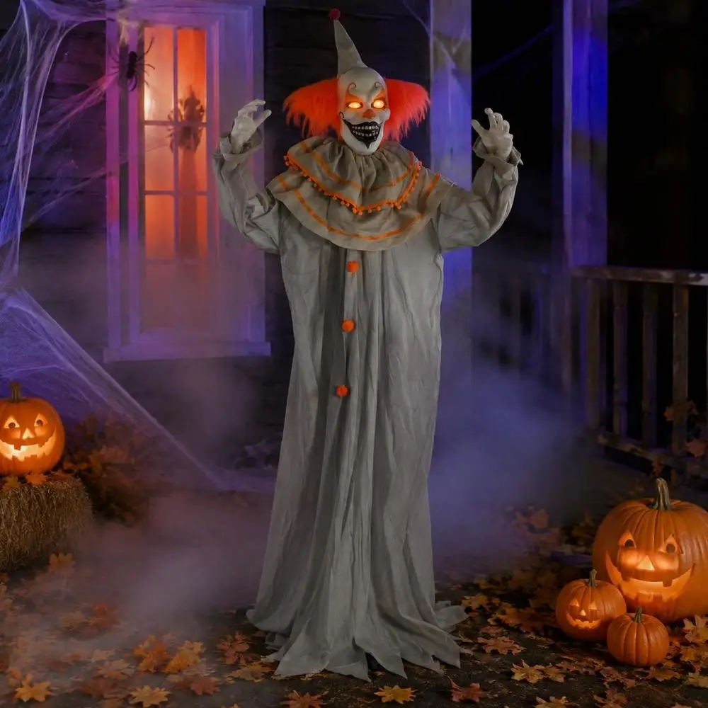 Animowana dekoracja na Halloween w kształcie klauna, pomarańczowa tkanina, ruchome ramiona, czerwone świecące oczy, idealna jako rekwizyt do domu strasznego, do użytku wewnątrz i na zewnątrz.