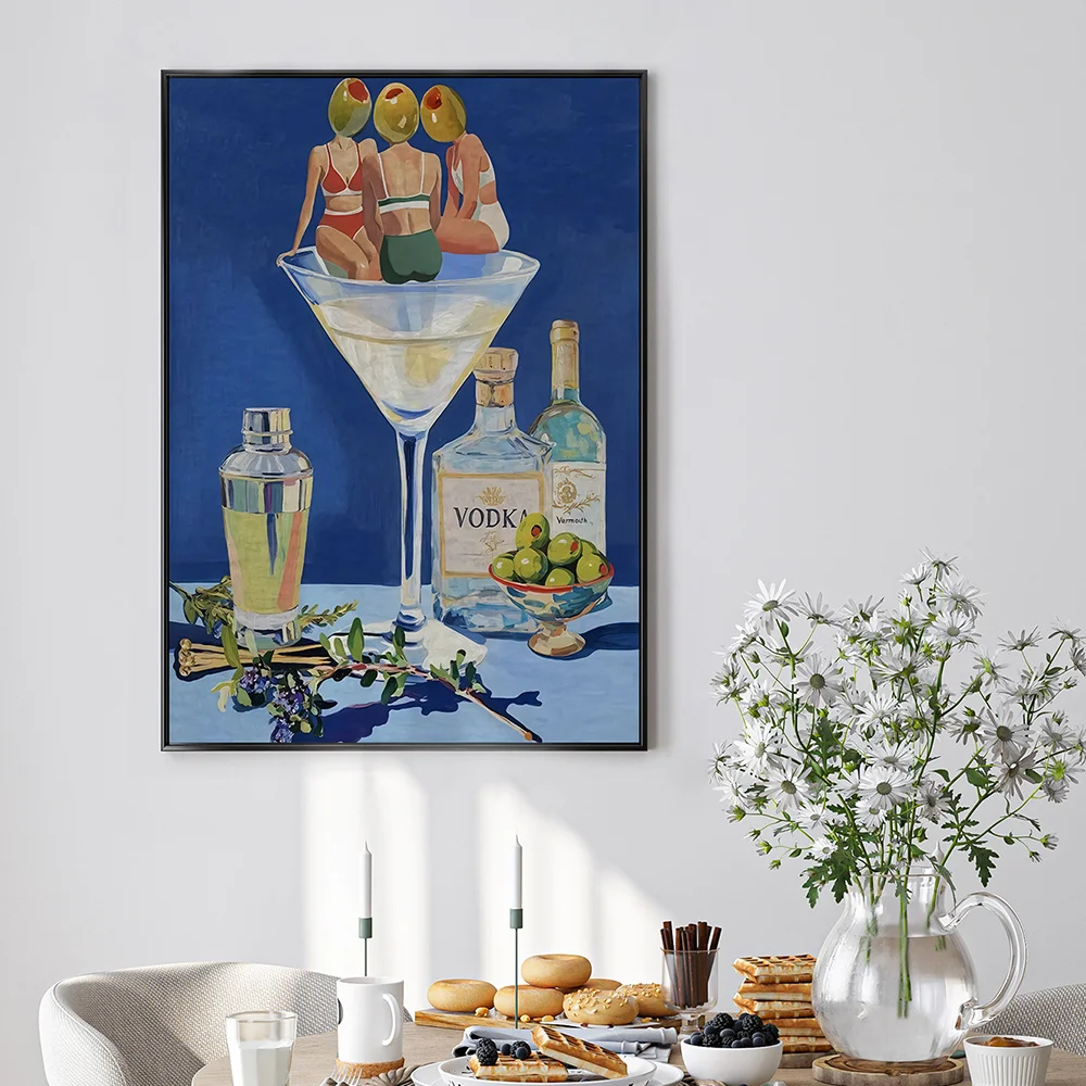 Póster de pared de cóctel con figura de oliva, pintura de fondo azul, impresión, Bar, restaurante, imagen colgante, Bistro, decoración artística para el hogar, sin marco