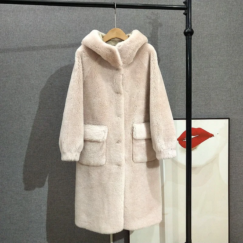 Giacca da donna in vera lana con cappuccio al ginocchio da ragazza cappotto lungo in Shearling di pecora in pelliccia di agnello PT416