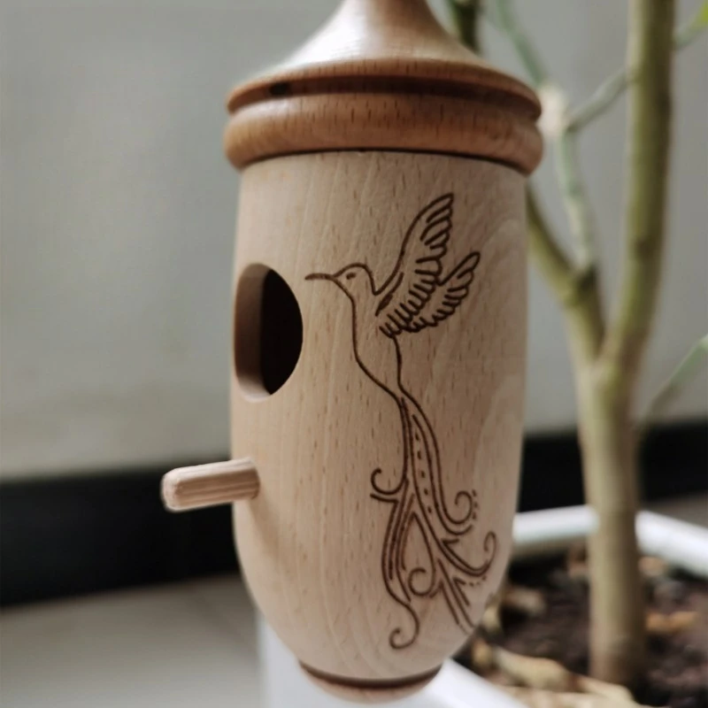 Beech Wood Hanging Hummingbird House, Outdoor Garden Decor & Yard Ornament Gift