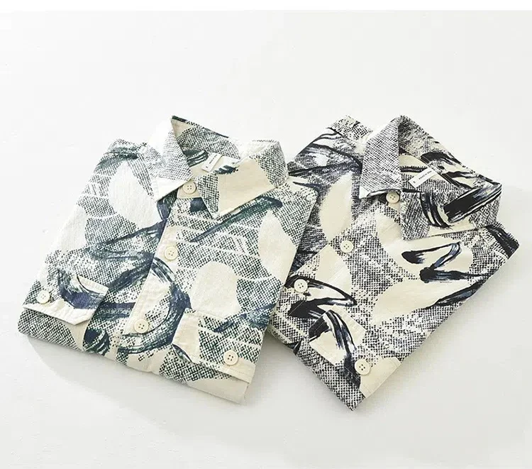 

Мужские рубашки с принтом в стиле High Street, весенняя новинка, мужские рубашки с длинным рукавом, двойные карманы, чистый хлопок, топ, корейская модная одежда для молодежи