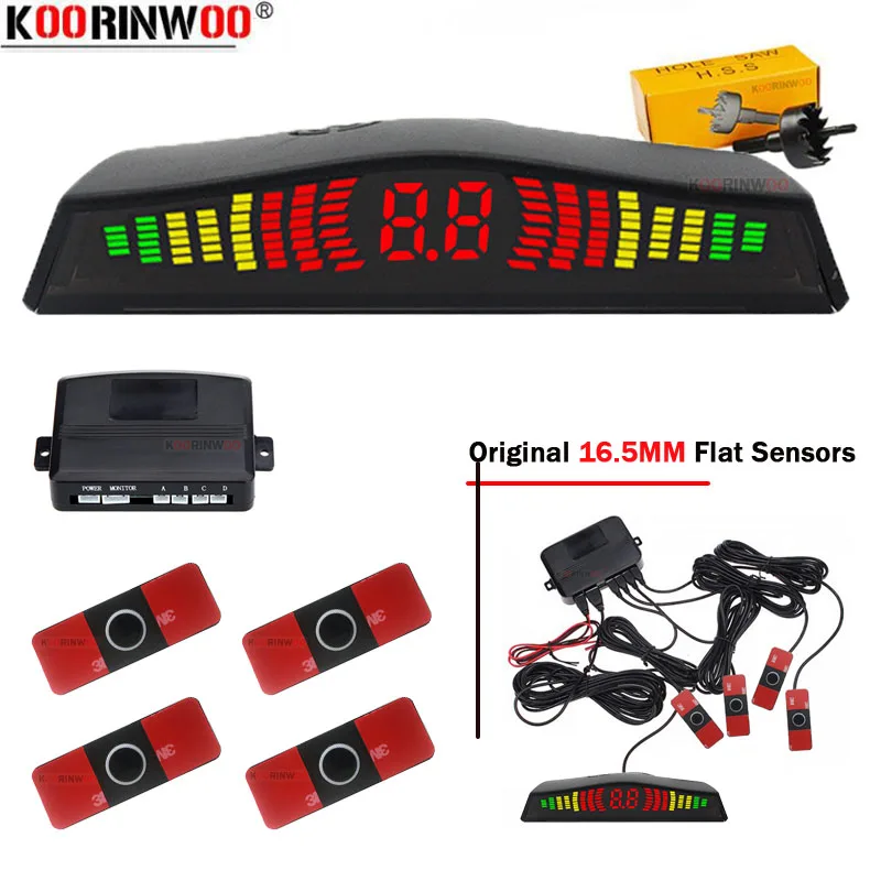 

Koorinwoo Original 16.5MM Flat Parking Sensor Parktronic Kit With LED Screen Reversing Radars Detector Alarm Parking Accossories