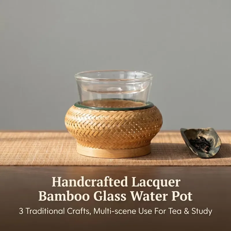 【CHIMU HOME】 Bamboo Sleeve Clear Glass Cup Heat Resistant 350ml Zen Style Bowl