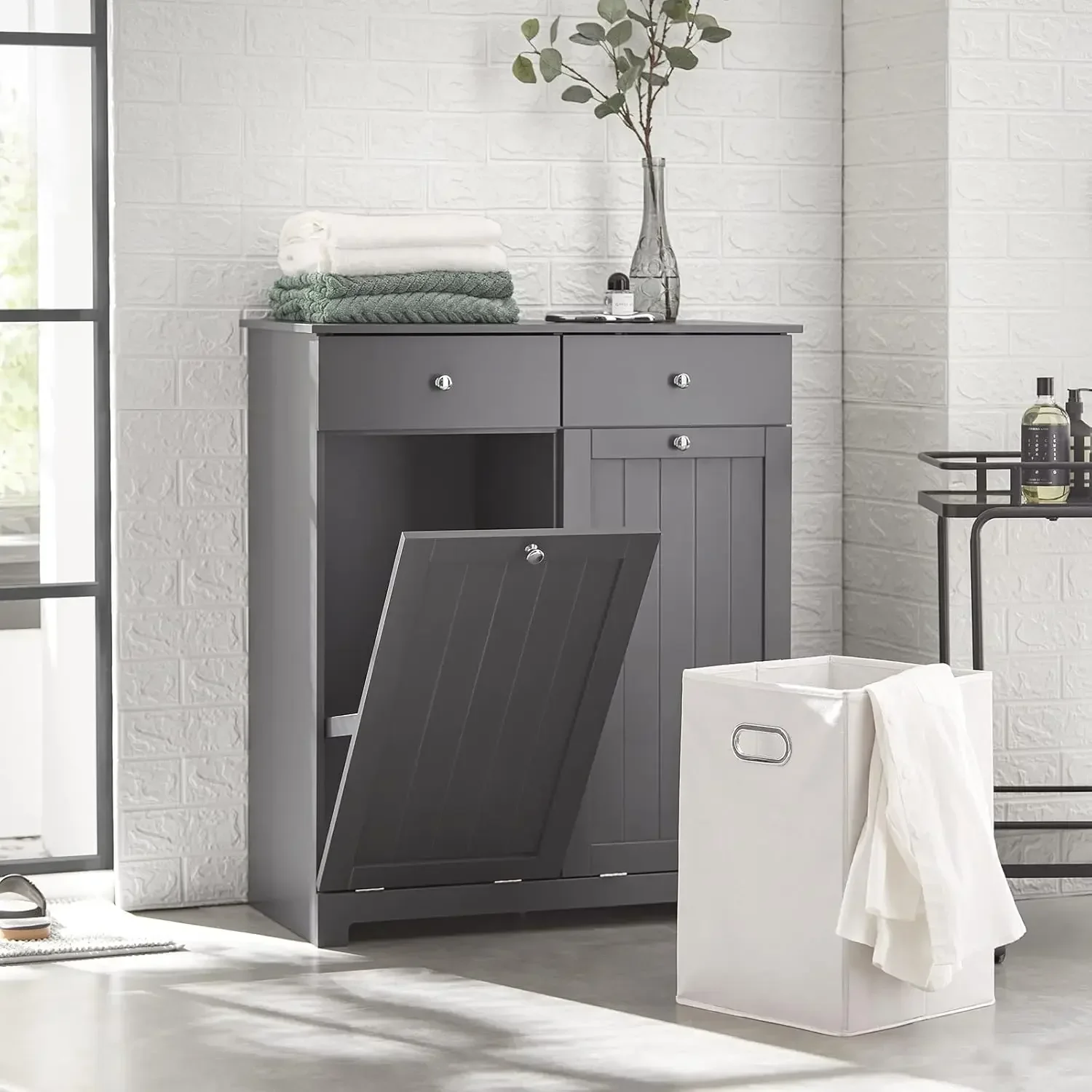 Bathroom Storage Laundry Cabinet with 2 Baskets and 2 Drawers, Tilt-Out Laundry Hamper,Grey