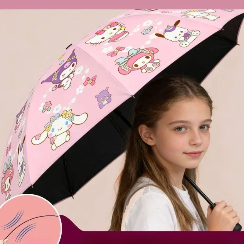 

Зонт Sanrio Hello Kitty с защитой от солнца и УФ-излучения, для солнечной и дождливой погоды, складной, автоматический, с черным покрытием, с тканевым бампером