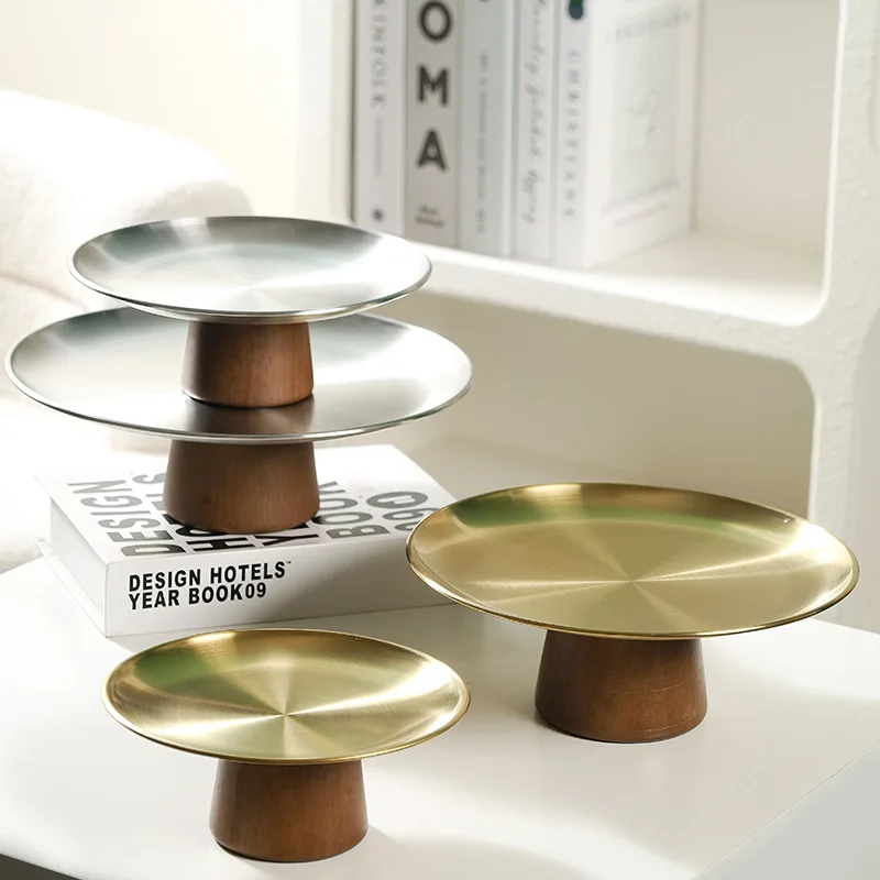 Stainless Steel Cake Tray Wooden Base Korean Style Fruit Display Plate Dessert Plate Dining Table Home Decoration Ornaments