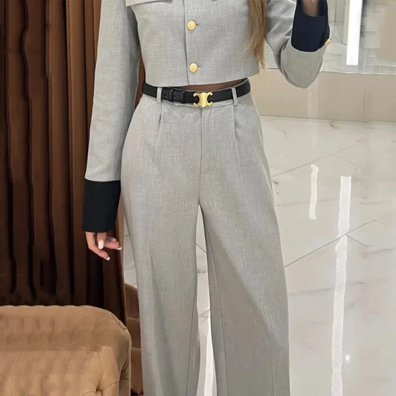 Elegante Broek Sets  Vrouwen Crop Top Rechte Broek Tweedelige Dames Outfits Shirt conjuntos femininos elegantes 2024 أطقم بناطيل