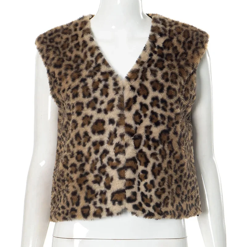 WInter Leopard Patchwork Flauschigen Pelz Weste Für Frauen V-ausschnitt Ärmellose Verstärktes Einreiher Chic Mäntel Weibliche