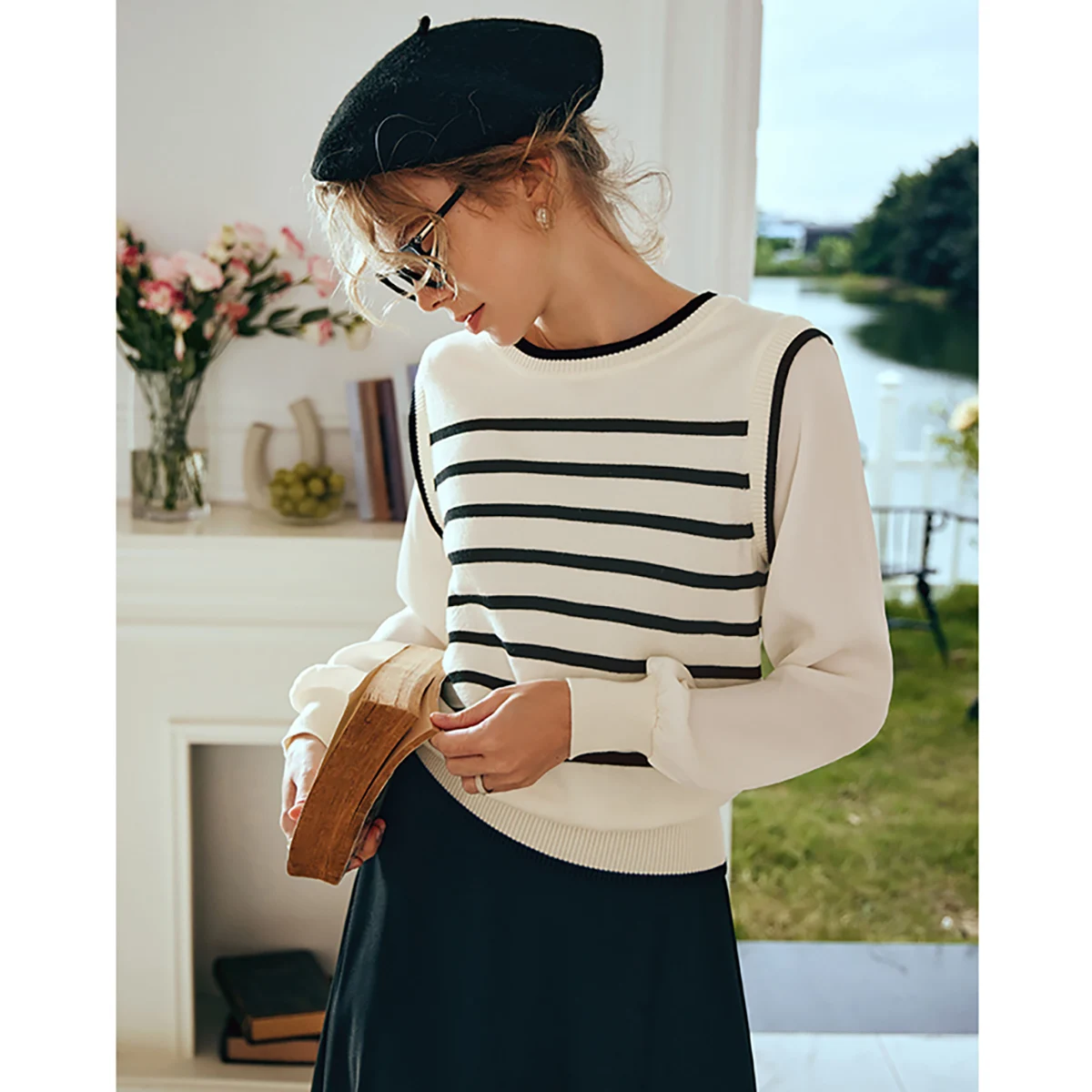 OLrain Striped 2 in 1 Pullovers for Women 2025 Spring Summer French Long Sleeve O Neck Knitwear Office Lady Tops O24CZ88661