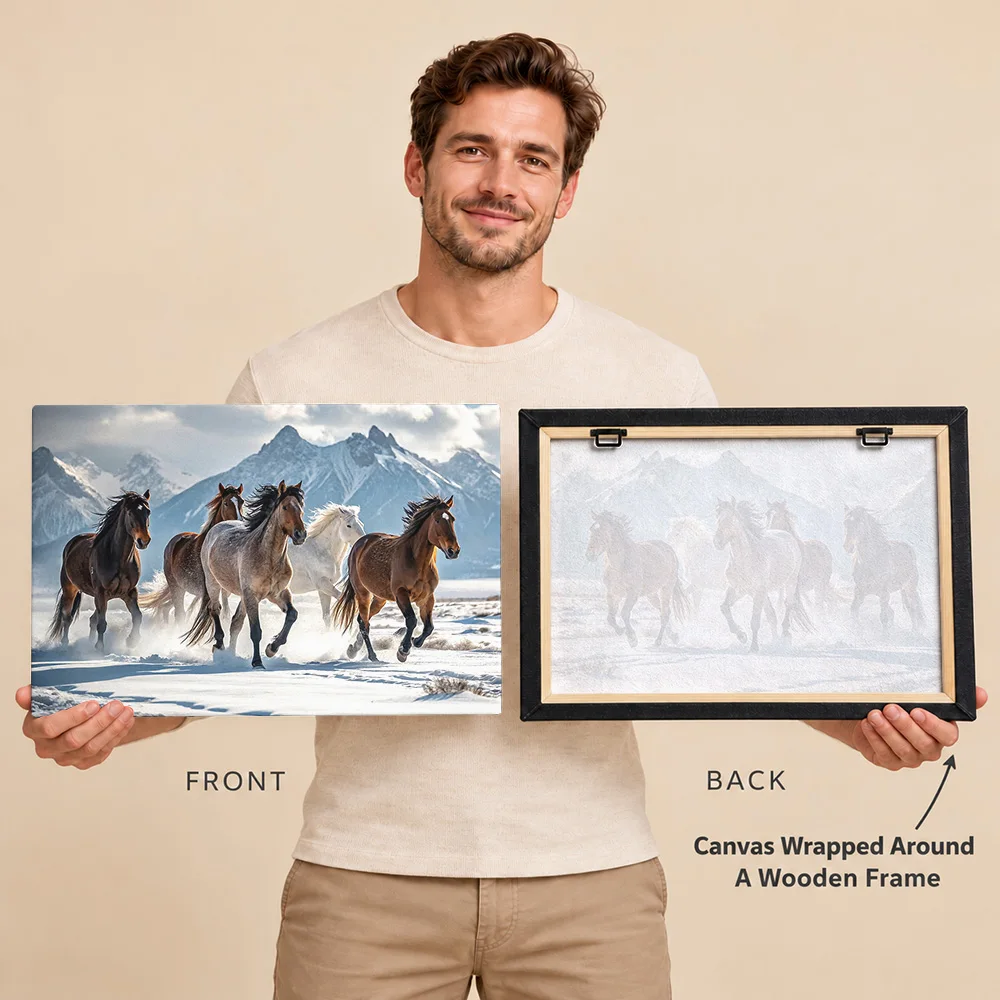 Wild Horses Running In Snowy Mountains Gallery Wrapped Canvas Print Customized Photo Equestrian Landscape Wall Art For Bedroom
