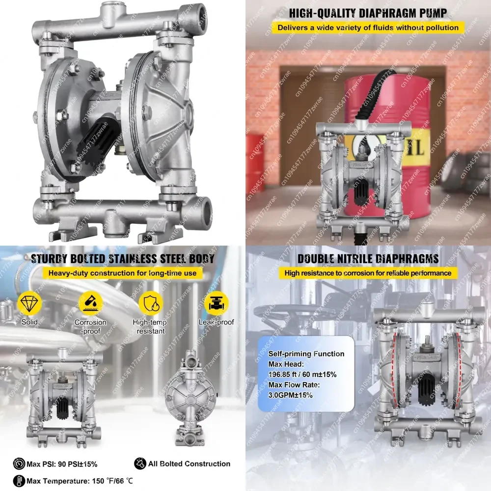 Air Operated Double Diaphragm Pump 1/2 Inlet Outlet Stainless Steel Body 8.8 GPM Max 120PSI  Diaphragm Pneum Screw Pump