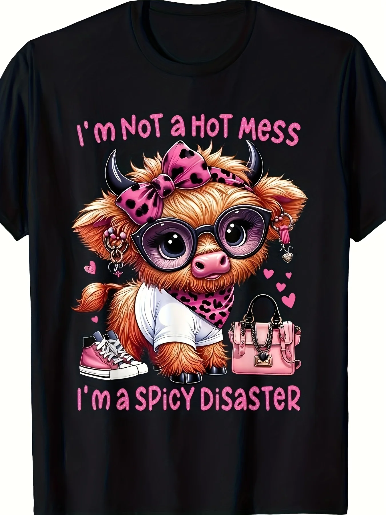 This Is a Playful Graphic Tshirt Featuring a Cartoon Highland Cow with The Phrase 'I'M NOT a HOT Mess' in Pink Text It'S Ideal for Casual Outings Birthday Presents Or Everyday Wear Plus Size Retro Casual Short-Sleeved T-Shirt with a Round Neck And P