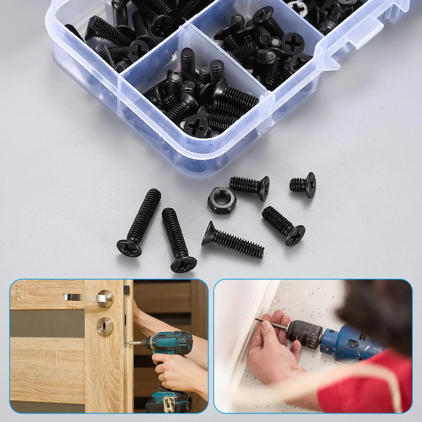 M3 Flat Head Machine Screws and Hex Nuts Kit, 380 Pcs Black Countersunk Head Phillips Screws Bolts Nuts Assortment Kit