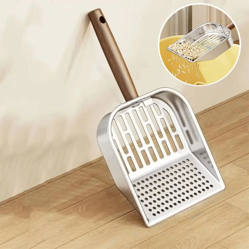 

Stainless Steel Cat Litter Scoop Wooden Handle Long Handled Pet Waste Picker Nonstick Surface with Hanging Hook