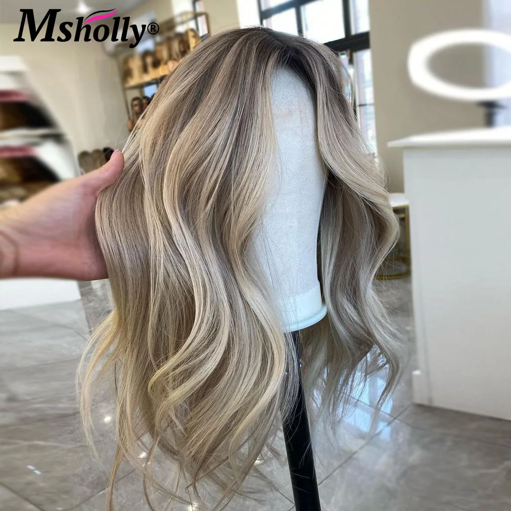 Msholly Cream Grey Blonde Body Wave 100% Human Hair Pre Cut Lace White People Wig 5x5 Glueless Lace Front Wig 200% Density Wigs