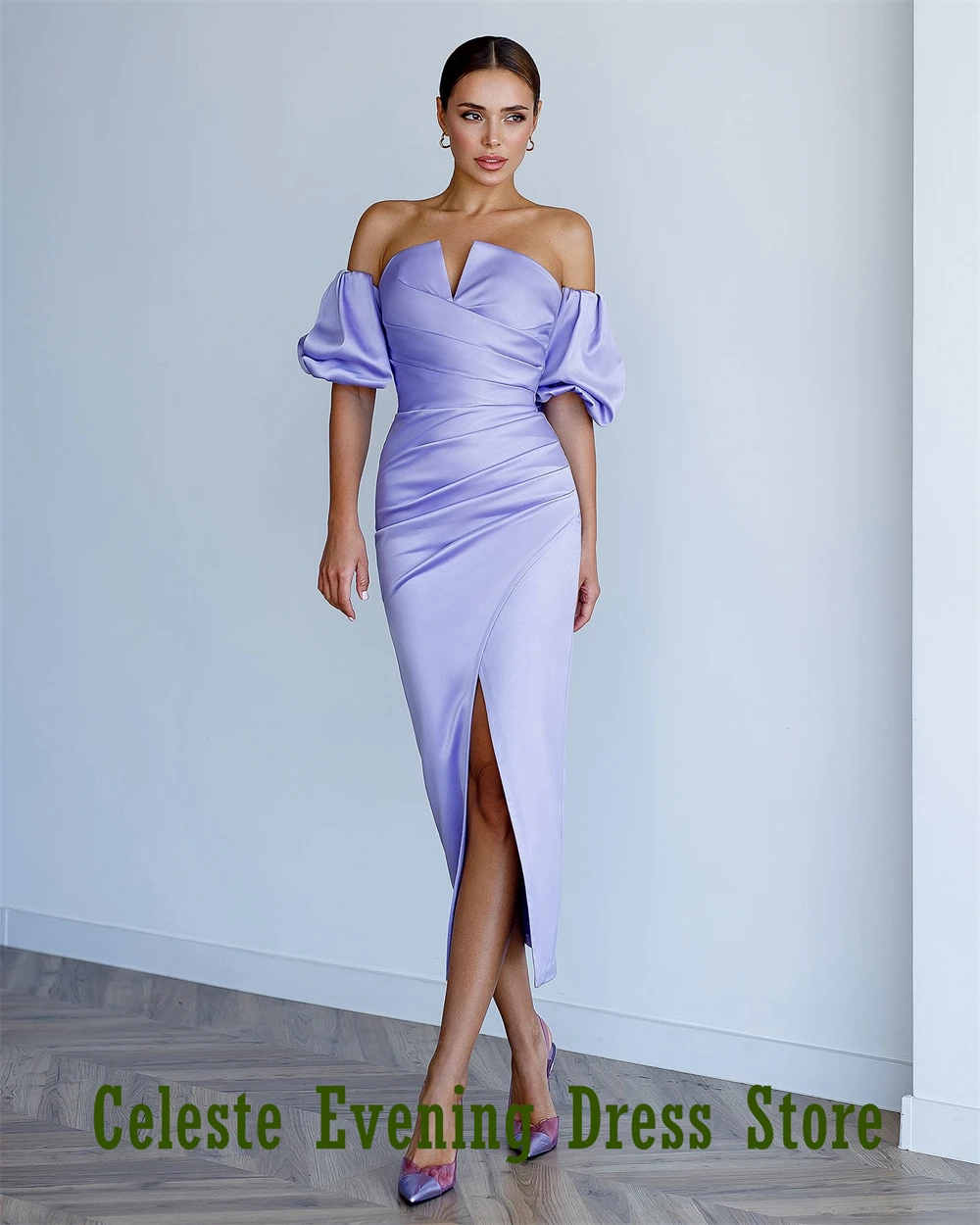 Vestido de noche de satén morado Simple de sirena personalizado, exquisito vestido de fiesta sin tirantes con manga desmontable, vestido de fiesta a la moda