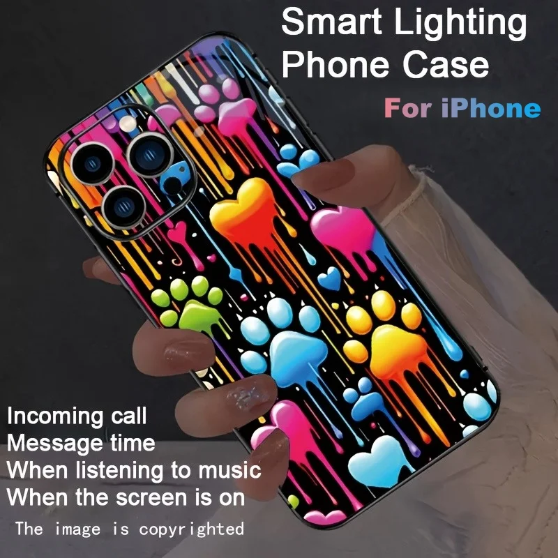 

Ink Splash Style Heart Paw Print Colorful Voice-Controll Glow Phone Case LED Shine Case For iPhone 17 16 15 14 13 12 11 Pro Max