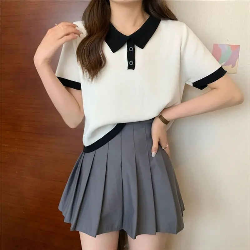 Magliette Party Harajuku Tee Basic Female Streetwear Button Japan Style Turn Down Collar Vintage Cute Women Clothes Casual Top