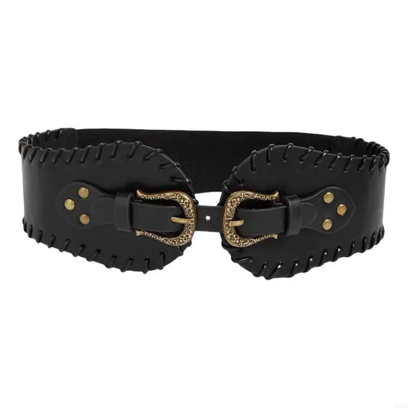 

L5YC Trendy Wide Belt Female Corset Belt Metal Buckle & PU Leather Waist Ornament