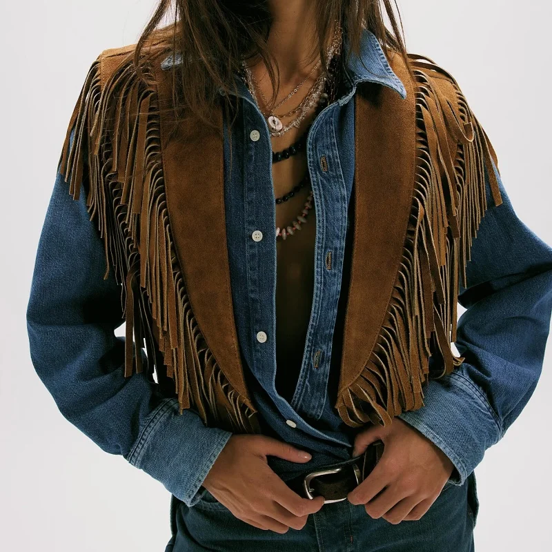 Women Suede Fringe Vest 70s Hippie Style Studded Shawl Vests Vintage Cowgirl Poncho Cape Top Western Outfits