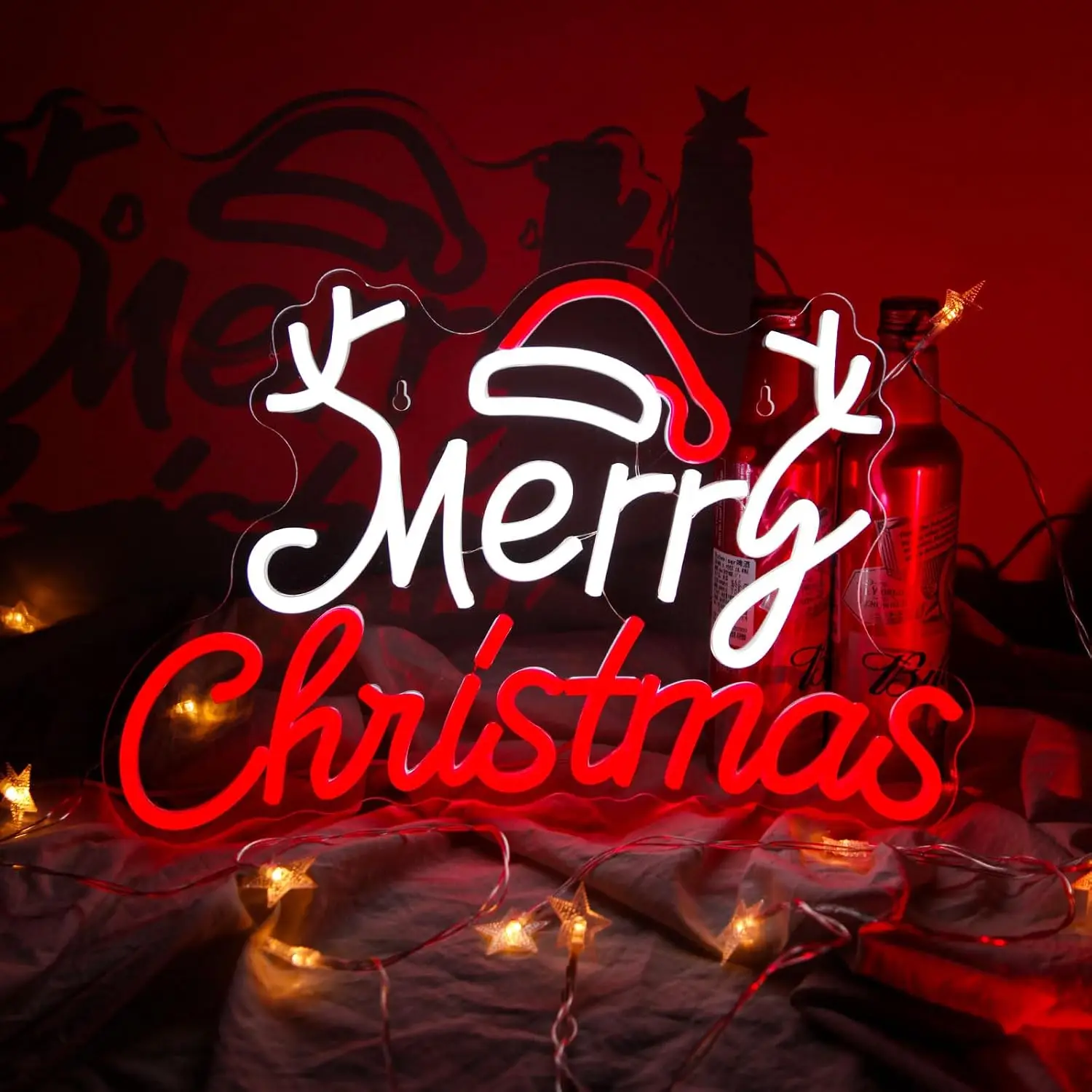 Merry Christmas Neon Sign USB LED Reindeer Santa Hat Wall Light for Bedroom Party Holiday Aesthetic Decor Gift Night Light