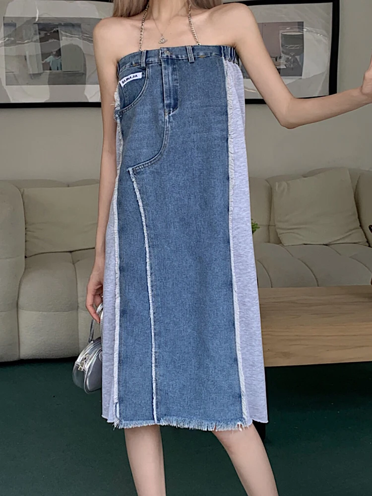 

Patchwork Metal Chain Denim Skirts Women 2023 Summer New Elastic Waist Straight Jeans Skirts Streetwear Casual Dress Ripped