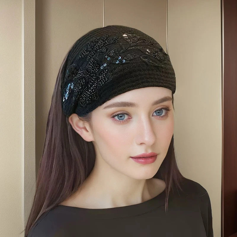 Flower Pattern Shiny Rhinestones Faux Pearls Hair Band High Elastic Wide Hair Hijabs Holder