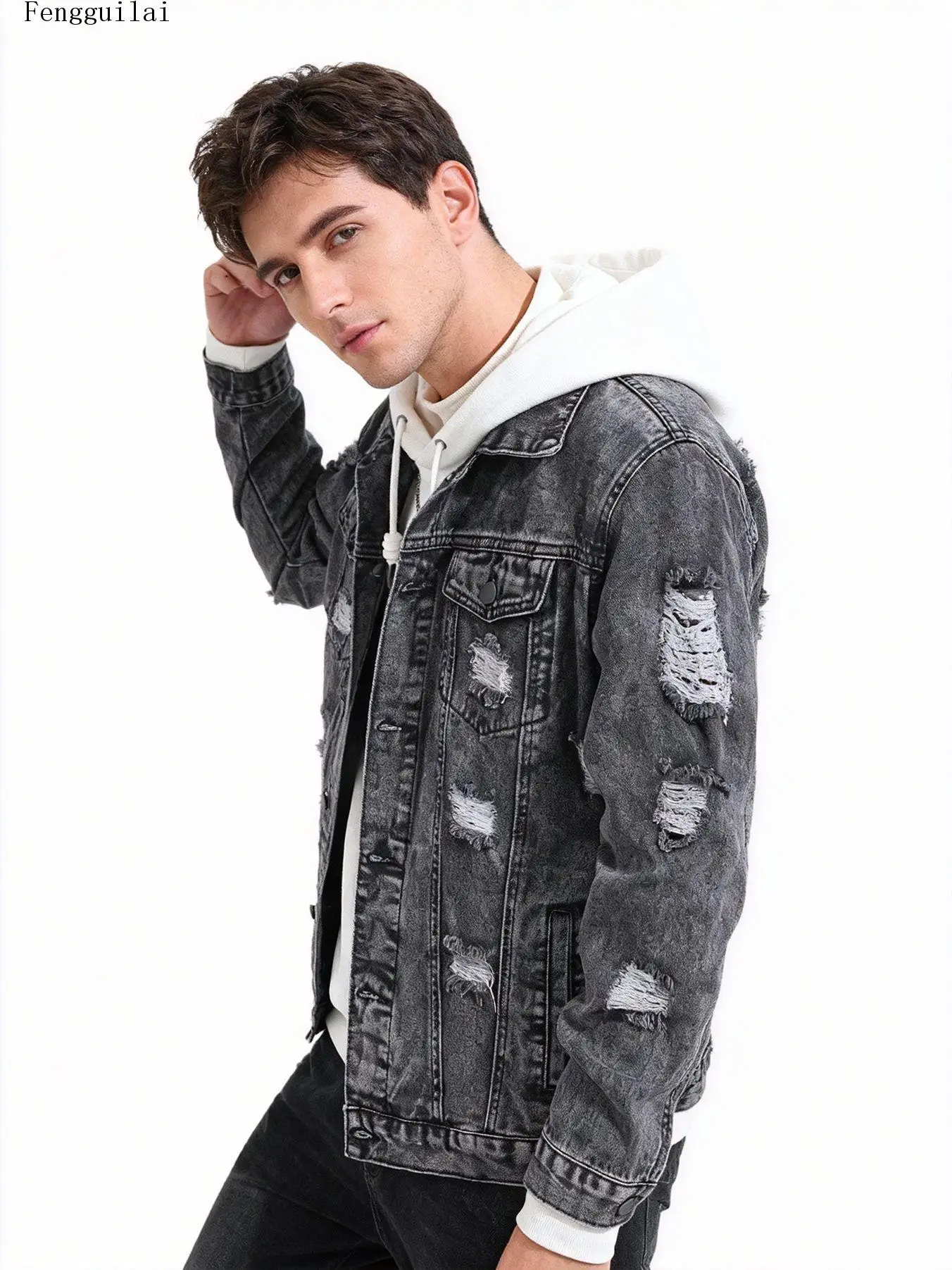 Mens Retro Acid Wash Ripped Denim Coat Lapel Collar Long Sleeve Destroyed Hole Design Streetwear Button Up Jean Jacket