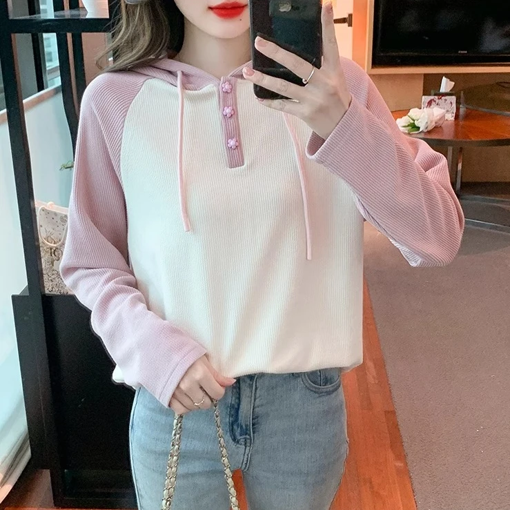 

spring autumn Women's hoodies harajuku Casual Pink Splicing Hooded Sweatshirt oversized Sports Top Pullovers K pop women clothes