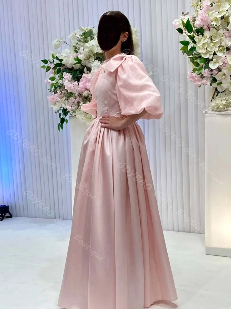 فستان وصيفة العروس وردي رشيق للنساء لحفلات الزفاف برقبة عالية وأكمام بالونية فستان سهرة رسمي مع فيونكة كتف مخصصة