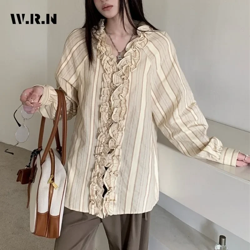 Elegant Sweet Round Neck Vintage Long Sleeve Shirt 2025 Spring Women Causal Striped Blouses Single Breasted Chiffon Tees Top