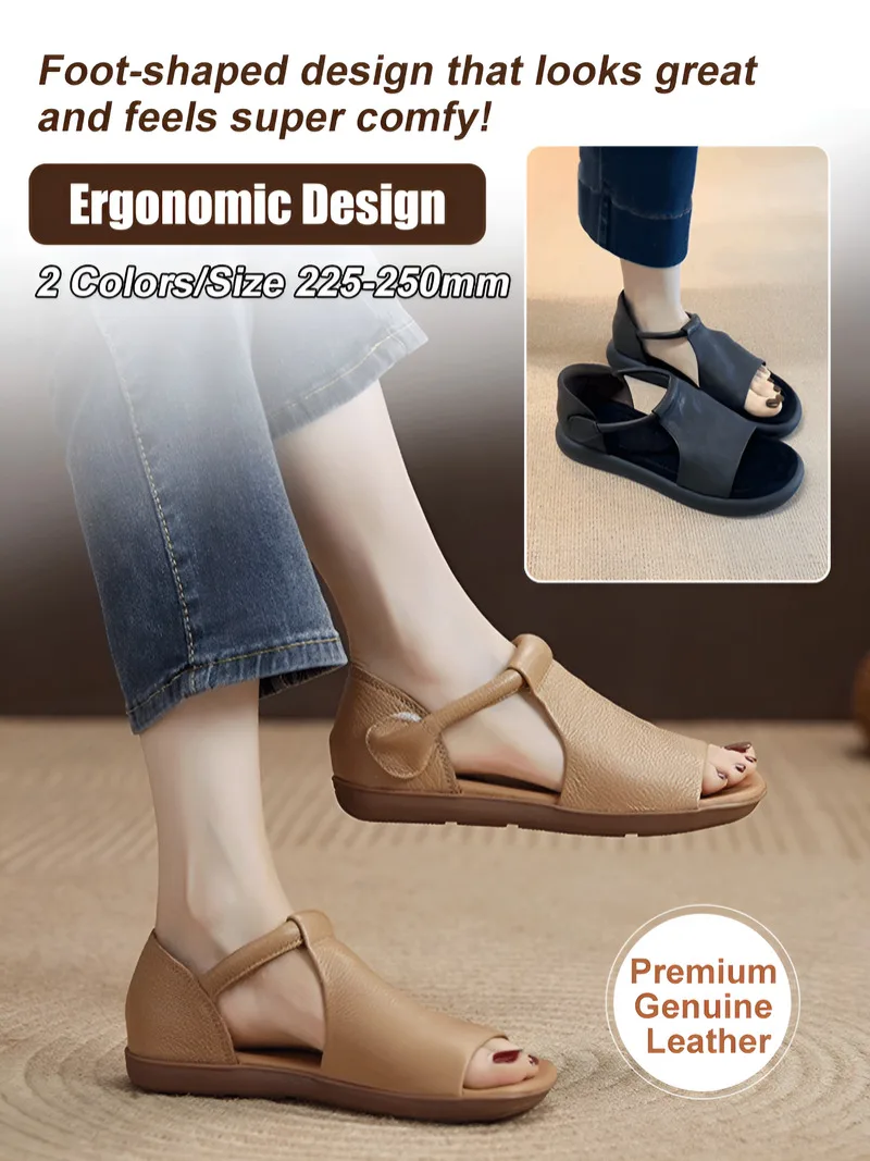 Handmade Cowhide Sandals Genuine Leather Round Toe Hand-Woven Hollow Lightweight Roman Sandals Fish Mouth Casual Sandals