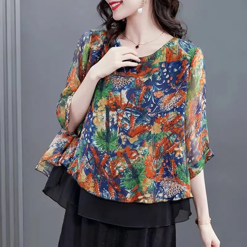 Fashion Vintage Printing Thin Chiffon T-shirt Women\'s Clothing Summer New Elegant All-match 3/4 Sleeve Round Neck Pullovers Tops