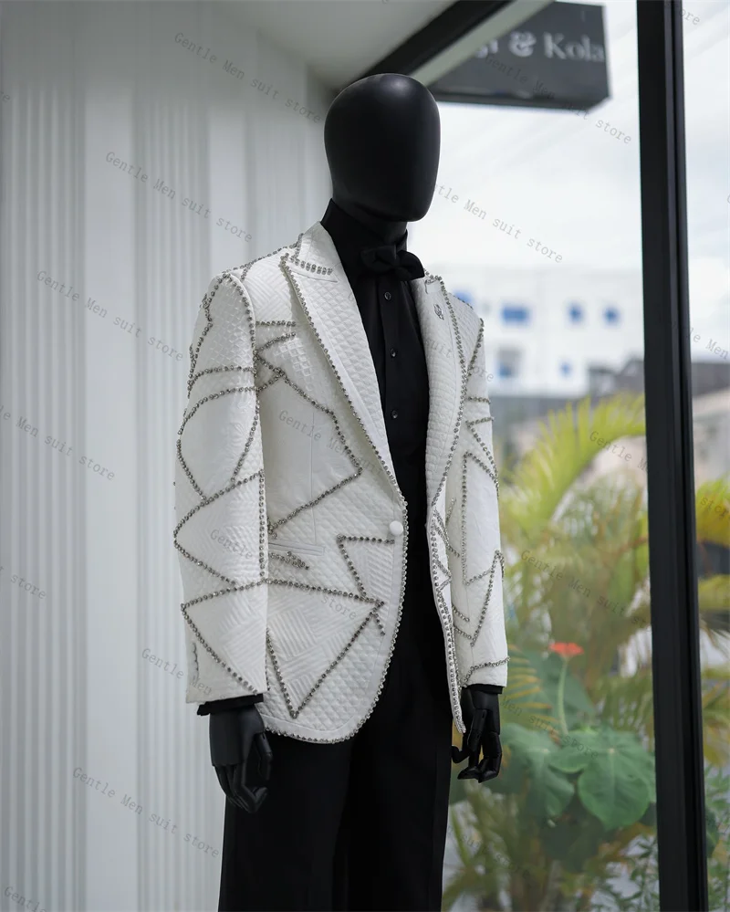 

White Plaid Men Suit Set 2 Pcs Blazer+Pants Trousers Stone Crystals Wedding Tuxedo Formal Office Jacket Prom Coat Customized