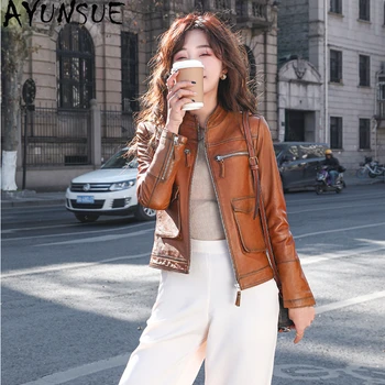 AYUNSUE 여성용 진짜 가죽 재킷, 정품 양가죽 코트, 한국 패션 가죽 재킷, 스탠딩 칼라, 자케타 여성 쿠로