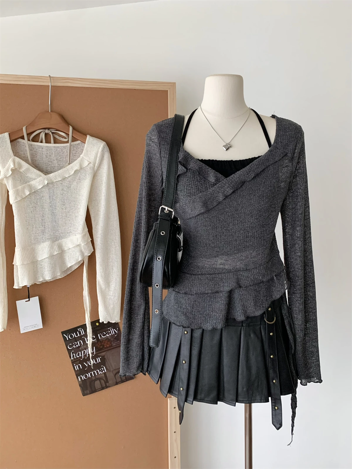 Jesień Zima Kobiety Projekt Coquette Fałszywe Dwuczęściowe Koszulki Gyaru Koszulki Długi Rękaw Goblin Core Knit Crop Tops 2000s Y2k Chic