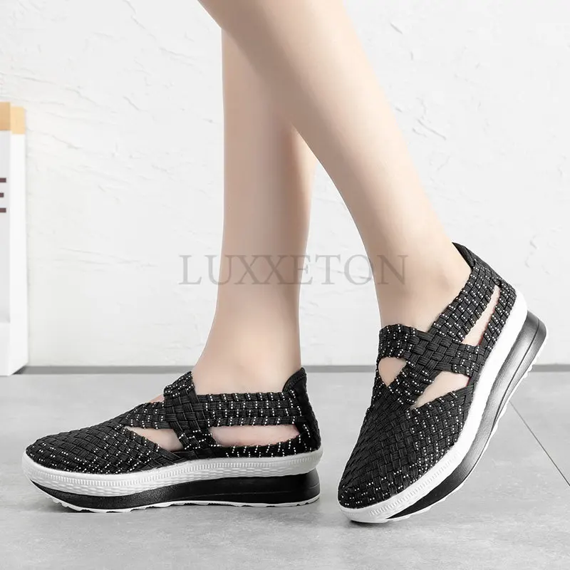 Women Shoes Flat Platform Woven Casual Loafers Slip On Breathable Walking Sneakers Fashion Female Tenis 4.5CM Heigh