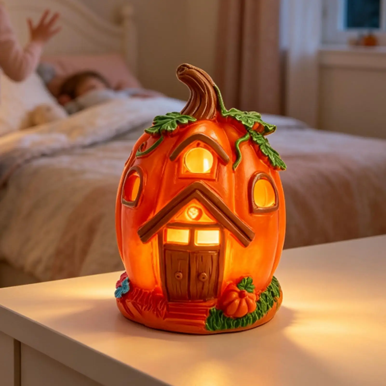 Lighted Pumpkin House Decor Resin Figurine Halloween Desk Ornament Pumpkin House Decorative Light For Home Apartment Farmhouse