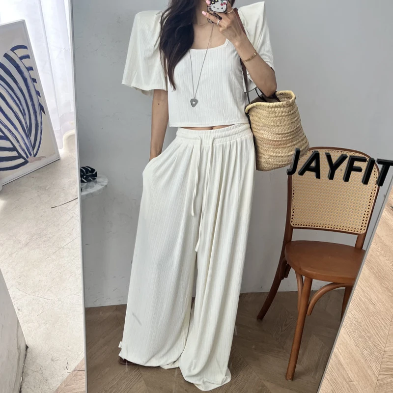 

2025 Women Summer Fashion Korean Two Piece Set Short Sleeve Crop Top+Wide Leg Long Pants Streetwear Ladies Casual Suit